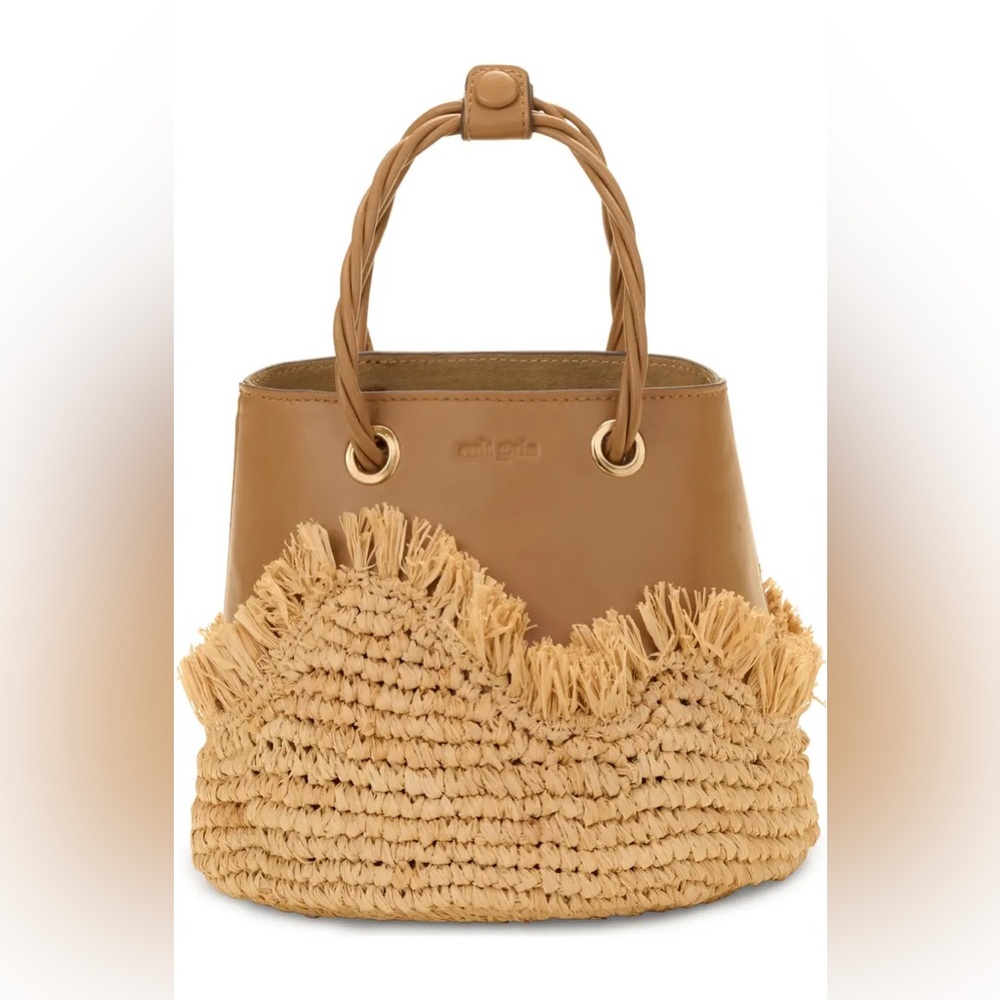 Cult Gaia Jojo Leather & Raffia Top handle bag